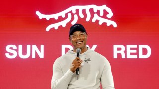 Tiger Woods speaks during the launch of Tiger Woods and TaylorMade Golf’s new apparel and footwear brand “Sun Day Red” at Palisades Village on February 12, 2024 in Pacific Palisades, California.