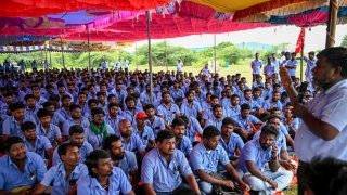 Workers stage a protest to demand higher wages and recognition of their union, at Samsung India’s plant in Sriperumbudur, near Chennai on September 11, 2024. 