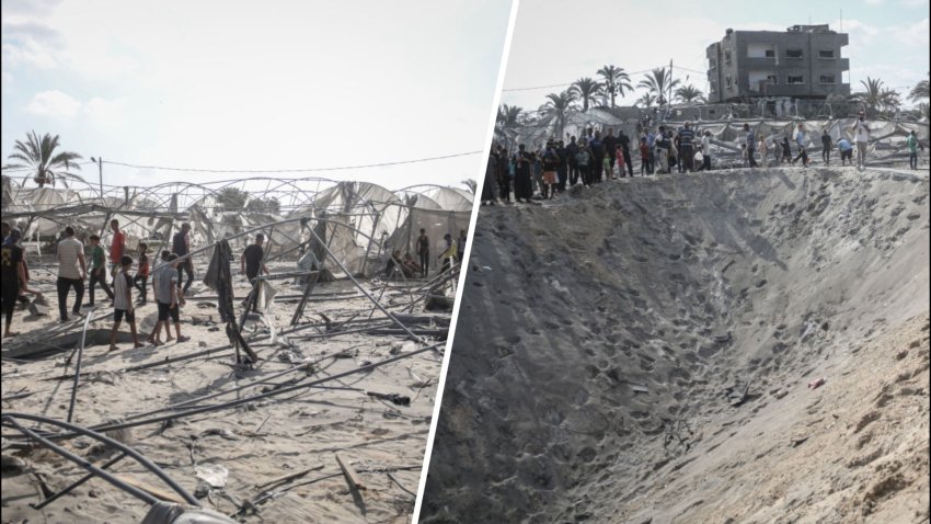 Palestinians look at the destruction following Israeli airstrikes in the humanitarian zone, known as Mawasi, in Khan Younis, southern Gaza, on Tuesday, Sept. 10, 2024. Israel said its jets struck Hamas terrorists in a command and control center inside a humanitarian zone in Gaza, but Hamas denied that it had fighters in the area and said dozens of people were killed in the attack that struck tents housing displaced people.