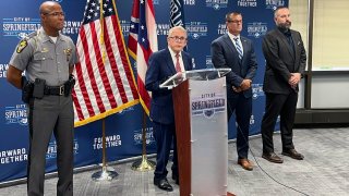 Republican Ohio Gov. Mike DeWine holds a news conference Monday, Sept. 16, 2024, at city hall in Springfield, Ohio,