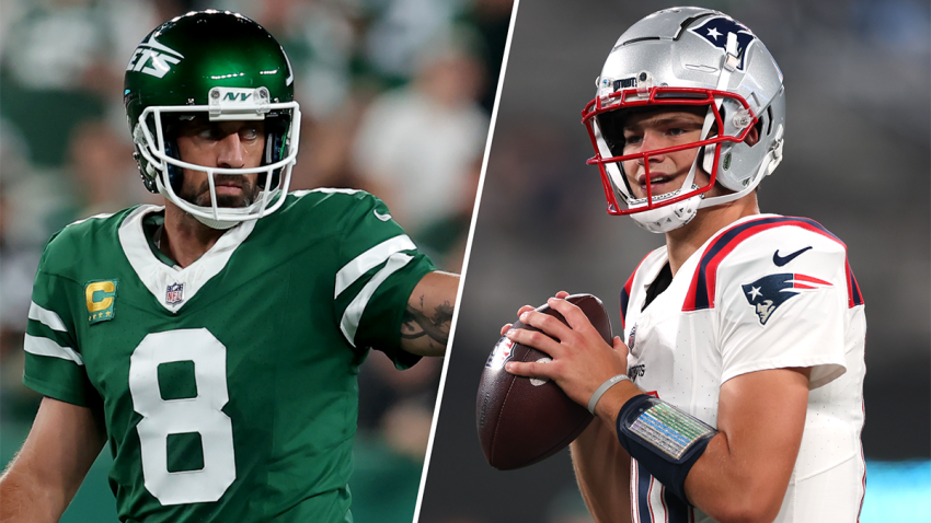 Jets quarterback Aaron Rodgers and Patriots quarterback Drake Maye