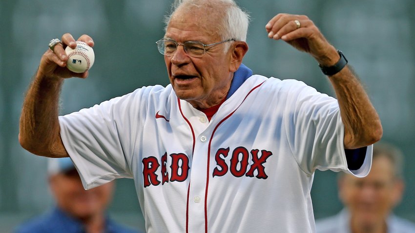 BOSTON, MA – July 28:  Legendary Boston Red Sox radio broadcaster Joe Castiglione celebrates 40 years calling the games for the Red Sox throws out the first pitch before the MLB game against the Cleveland Guardians on July 28, 2022 in Boston, Massachusetts.  (Photo by Matt Stone/MediaNews Group/Boston Herald via Getty Images)