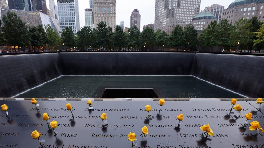 NEW YORK, NY – SEPTEMBER 7: Roses stand on the National September 11 Memorial ahead of the 22nd anniversary of the 9/11 attacks on September 7, 2023, in New York City.