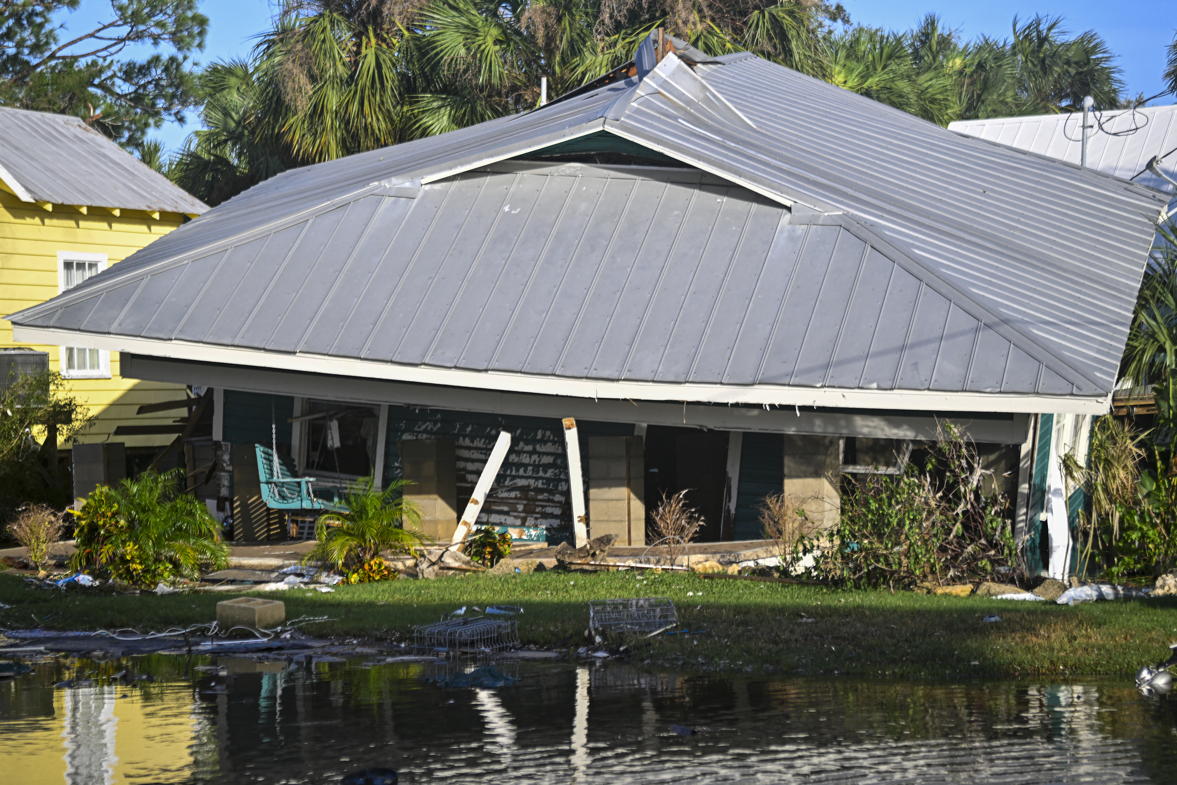 A house destroyed by Hurricane Helene after making landfall is seen in Cedar Key, Florida, on September 27, 2024.