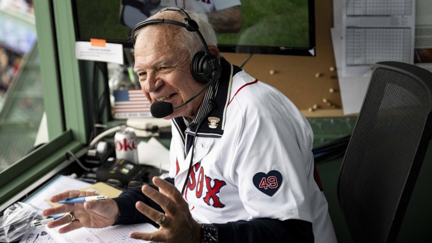 BOSTON, MA – SEPTEMBER 29: WEEI broadcaster Joe Castiglione is recognized during his final game in the broadcasting booth before retirement during a game between the Boston Red Sox and the Tampa Bay Rays on September 29, 2024 at Fenway Park in Boston, Massachusetts. (Photo by Billie Weiss/Boston Red Sox/Getty Images)