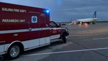 A Salina Fire Department truck arrives at Salina Airport during an emergency landing for a JetBlue flight headed towards San Diego on Sept. 21, 2024. (Seth Odell)