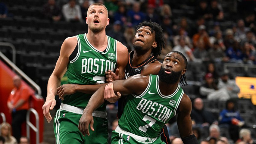 Celtics teammates Kristaps Porzingis and Jaylen Brown