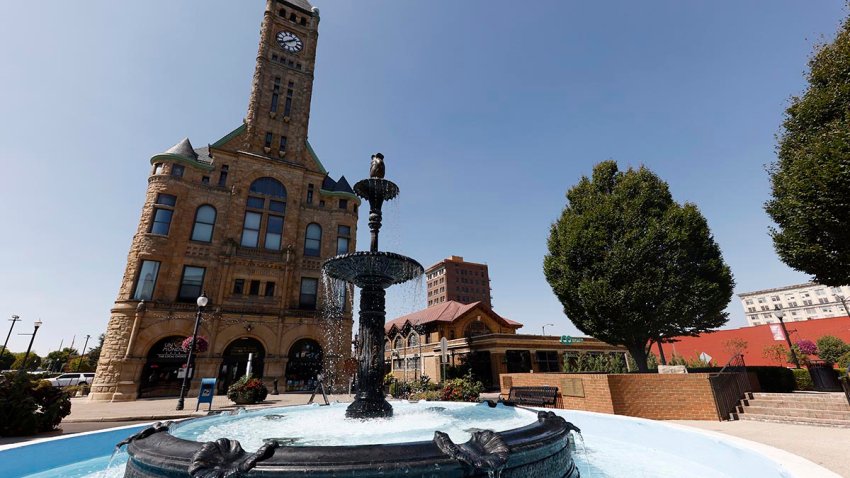 Water flows through the fountain in Fountain Square in Springfield, Ohio, Sept. 11, 2024.