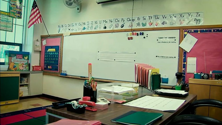 An empty classroom showing a teacher's desk