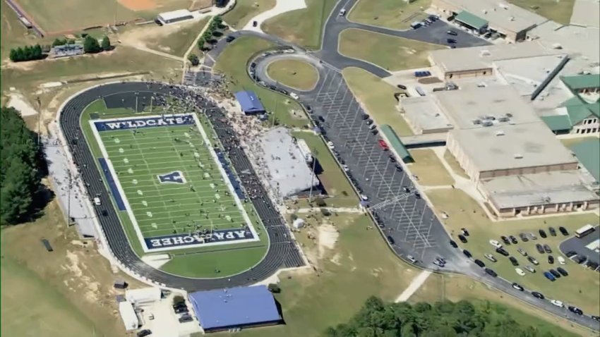 Aerial view of Apalachee High School in Barrow County, Georgia during active shooter lockdown