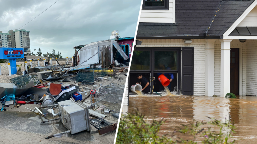 (R-L) Scenes from St. Pete Beach, Florida. People toss buckets of water out of a home as the streets and homes are flooded near Peachtree Creek in Atlanta, Georgia.