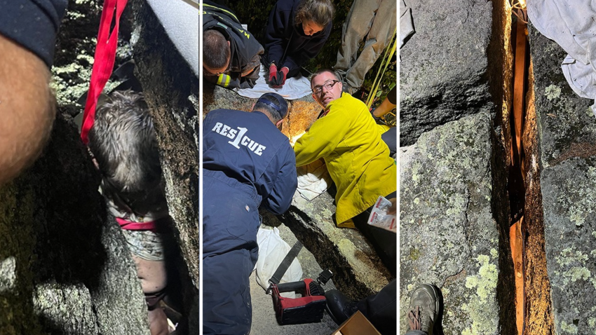 Three images depicting the nine-hour rescue of an 11-year-old child who was stuck between boulders in New Hampshire.