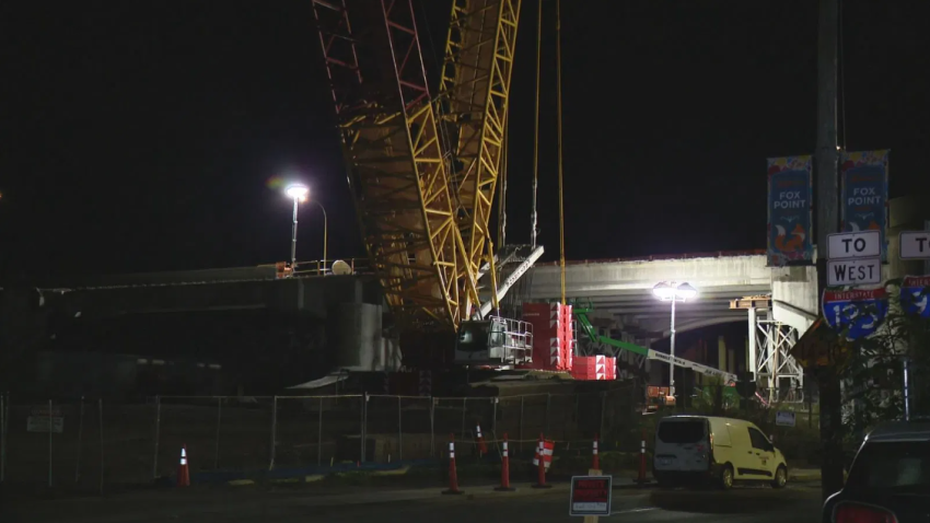 Crews work on the demolition of the Washington Bridge Demolition. (WJAR)