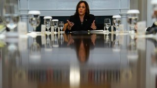 US Vice President Kamala Harris speaks during a roundtable conversation about marijuana reform and criminal justice reform, in the Roosevelt Room of the White House on March 15, 2024 in Washington, DC. 