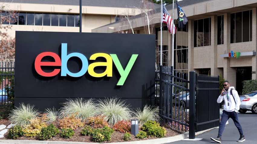 A sign is posted in front of eBay headquarters in San Jose, California. 