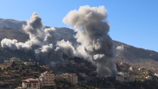 NEBATIEH, LEBANON – SEPTEMBER 28: Smoke rises after Israeli attacks over Shebaa town of Nabatieh province on September 28, 2024. (Photo by Ramiz Dallah/Anadolu via Getty Images)