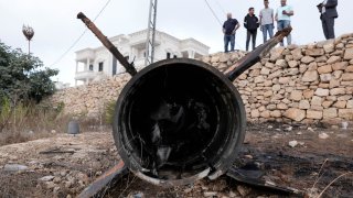 A close up view of the one of the remains of the ballistic missile fired from Iran to Israel hit the Jewish settlement of Beit El in Ramallah, West Bank on October 02, 2024. 