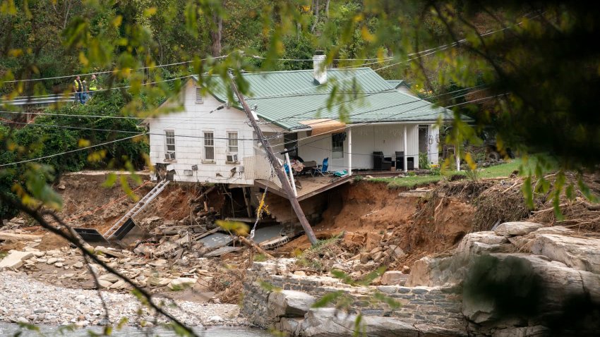 A house along the Broad River in the aftermath of Hurricane Helene on October 1, 2024 in Bat Cave, North Carolina. 