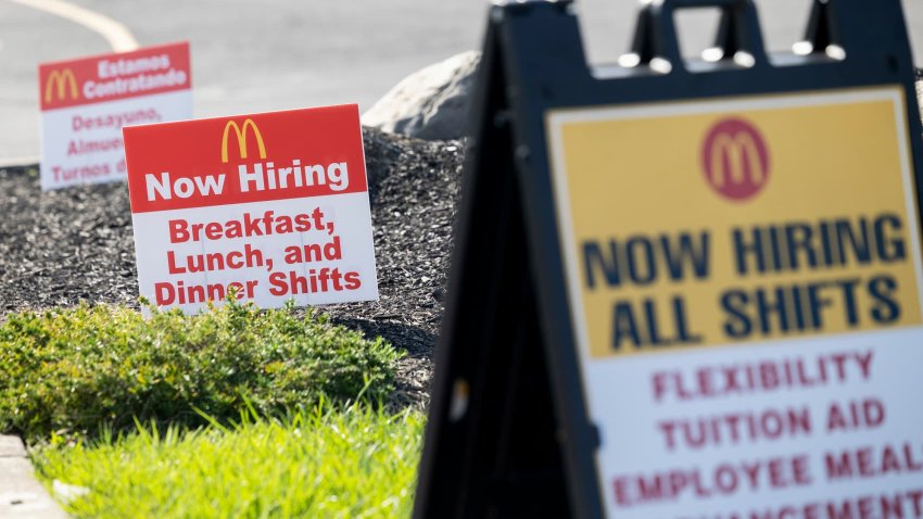 Hiring signs outside a McDonald’s restaurant in Catskill, New York, US, on Wednesday, Oct. 2, 2024. 