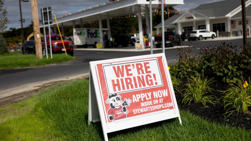 Hiring signs outside a Stewart’s gas station in Catskill, New York, US, on Wednesday, Oct. 2, 2024. 