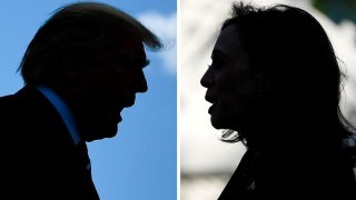 President Donald Trump talks to the press outside the White House, July 19, 2019, left, and Democratic presidential nominee and U.S. Vice President Kamala Harris speaks to mark the one-year anniversary of the Oct. 7 Hamas attacks on Israel, at the vice president’s residence at the U.S. Naval Observatory in Washington, Oct. 7, 2024.