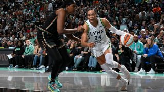 Napheesa Collier #24 of the Minnesota Lynx dribbles the ball during the game against the New York Liberty during Game 1 of the 2024 WNBA Finals on October 10, 2024 at Barclays Center in Brooklyn, New York. 