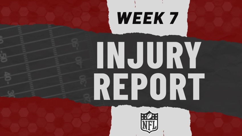 The image features a stylized graphic with the headline "Week 7 Injury Report" prominently displayed in large, bold letters. The background consists of a torn-paper effect dividing the image into three sections. On the left side, there is a red hexagonal pattern, and in the center is a dark gray football field background with faint yard lines. The right side of the image has a black background, adding contrast to the text. At the bottom, the NFL shield logo is centered within the torn-paper design. The overall color palette is red, black, and gray.