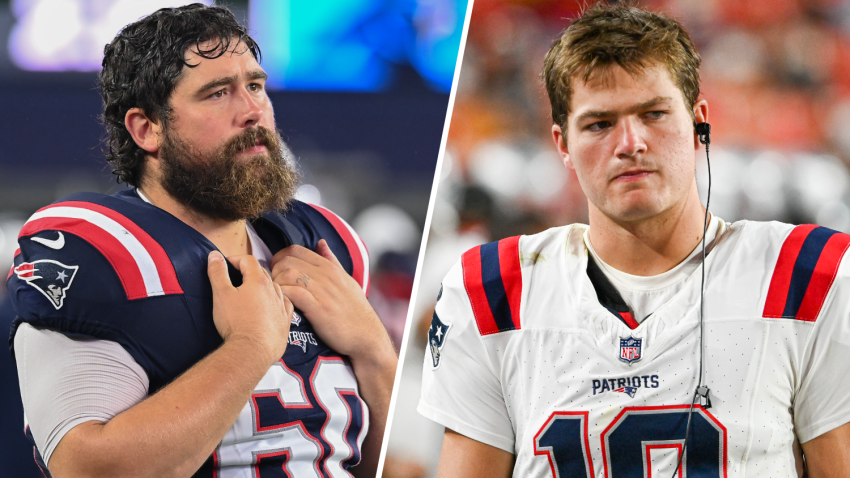 Patriots center David Andrews and rookie quarterback Drake Maye