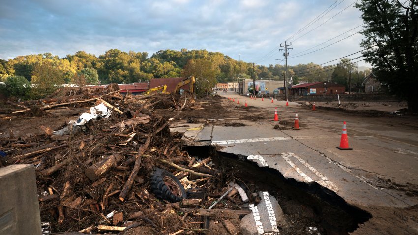 Flood damage at a bridge across Mill Creek in the aftermath of Hurricane Helene