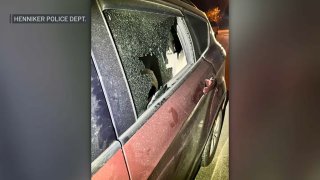 The damage left behind when a driver pulled a gun during a road rage incident in Henniker, New Hampshire on Tuesday.