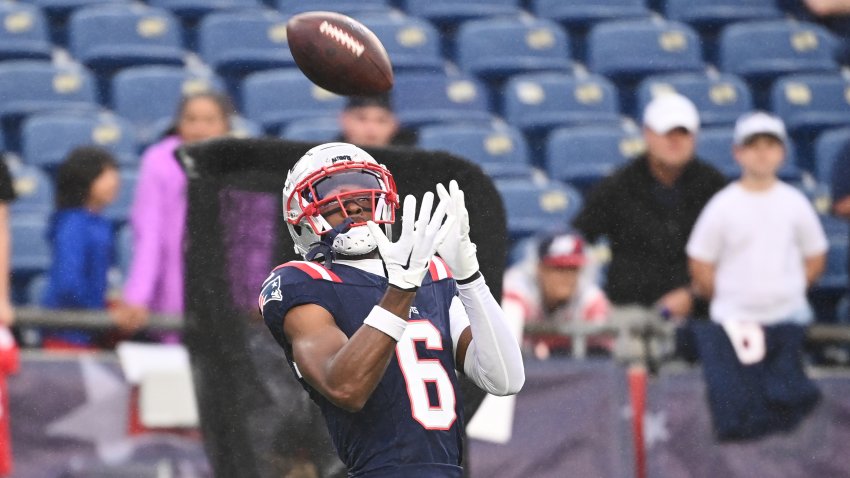 August 8, 2024; Foxborough, MA, USA;  New England Patriots wide receiver Javon Baker (6) warms up before a game against the Carolina Panthers at Gillette Stadium. Mandatory Credit: Eric Canha-USA TODAY Sports