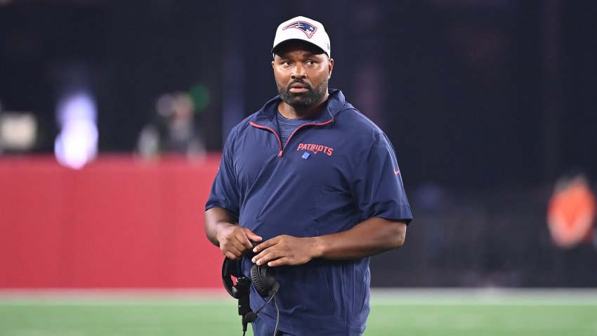 Aug 15, 2024; Foxborough, MA, USA; New England Patriots head coach Jerod Mayo walks out to check on an injured player during the second half against the Philadelphia Eagles at Gillette Stadium. Mandatory Credit: Eric Canha-USA TODAY Sports