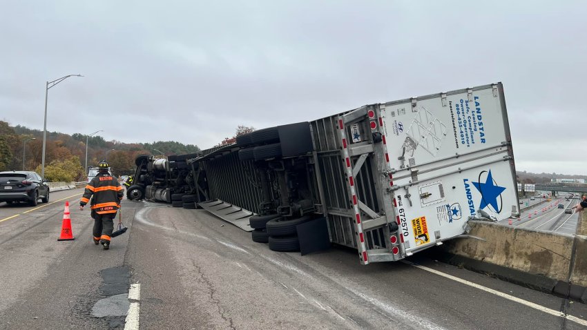 A tractor-trailer rollover on I-90 in Weston on Oct. 30, 2024.