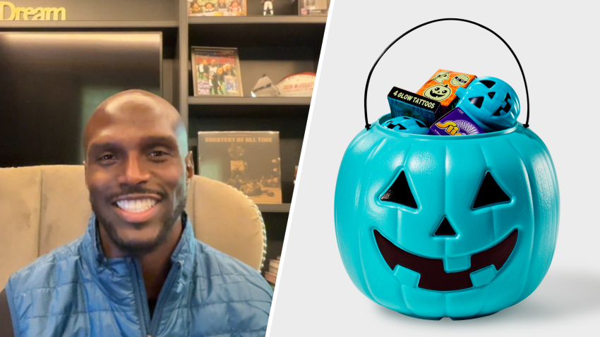 Split image of Jason McCourty and a teal pumpkin