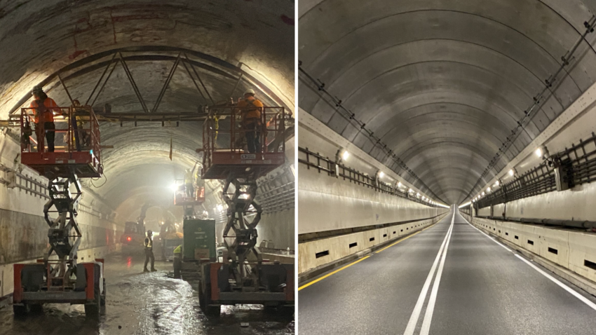 Two views of the Sumner Tunnel in Boston: at left, with construction work underway, and at right, after most work was completed.