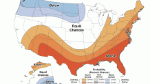 A map showing the 2024-25 winter temperature outlook for the United States — above average temperatures are expected in Boston, Massachusetts, and the rest of New England.