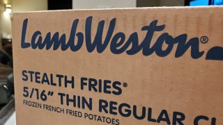 A close-up of a logo for Lamb Weston printed on a Stealth Fries pack in Lafayette, California, on Jan. 22, 2021.