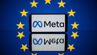 This picture taken on April 27, 2023 in Toulouse, southwestern France, shows a screen displaying the Meta logo and the European flag.