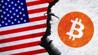 Bitcoin and USA flag on a cracked wall.