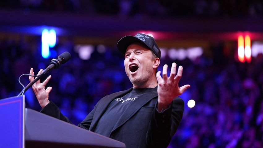 Elon Musk on stage before Republican presidential nominee former President Donald Trump speaks at a rally at Madison Square Garden in New York, NY on Sunday, October 27, 2024. 