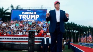 Former President Donald Trump arrives for his campaign rally at the Trump National Doral Golf Club in Doral, Florida, on July 9, 2024.