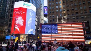 A billboard for Kalshi showing 2024 US presidential election odds across from the Nasdaq MarketSite in New York, US, on Wednesday, Nov. 6, 2024. 