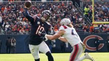 Bears quarterback Caleb Williams and Patriots safety Brenden Schooler