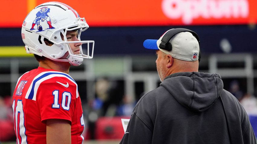 Patriots quarterback Drake Maye and offensive coordinator Alex Van Pelt