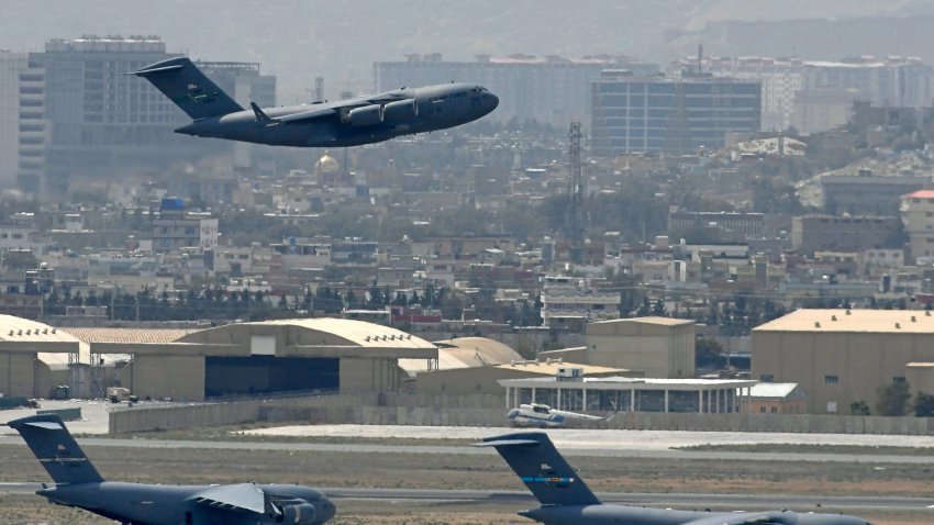 An US Air Force aircraft takes off from the airport in Kabul