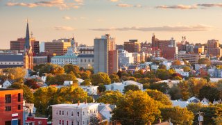 Portland, Maine, USA downtown city skyline at dusk.