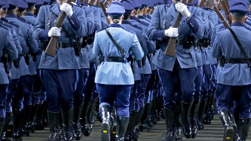 Worcester, MA – October 21: The graduating class marches off the parade area as the 86th recruit training troop graduate and become State Troopers at the DCU on October 21, 2021 in , Worcester, MA. (Staff Photo By Stuart Cahill/MediaNews Group/Boston Herald)