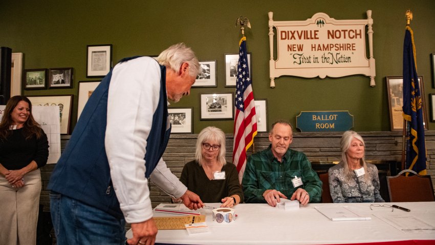 TOPSHOT – A resident of Dixville Notch shows their ID as they check in to cast their ballots in the US election at midnight in the living room of the Tillotson House at the Balsams Grand Resort, marking the first votes in the US election, in Dixville Notch, New Hampshire on November 5, 2024. The six people voting in Dixville Notch, four Republican and two undeclared, kick off Election Day at the stroke of midnight.
Vice President Kamala Harris and former President Donald Trump have tied with three votes each. (Photo by Joseph Prezioso / AFP) (Photo by JOSEPH PREZIOSO/AFP via Getty Images)