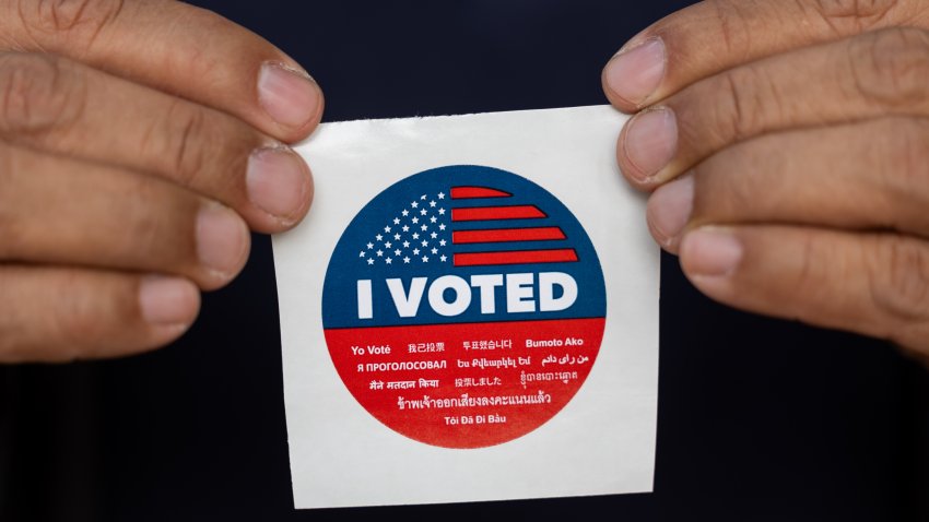 LOS ANGELES, CALIFORNIA – NOVEMBER 05: A voter receives a “I Voted” sticker after casting his ballot during the 2024 United States Presidential Election at a polling station on November 5, 2024 in Los Angeles, California. Today, voters cast their ballots to determine whether Republican nominee former President Donald Trump or Democratic nominee Vice President Kamala Harris will become the next President of the United States. (Photo by Qian Weizhong/VCG via Getty Images)