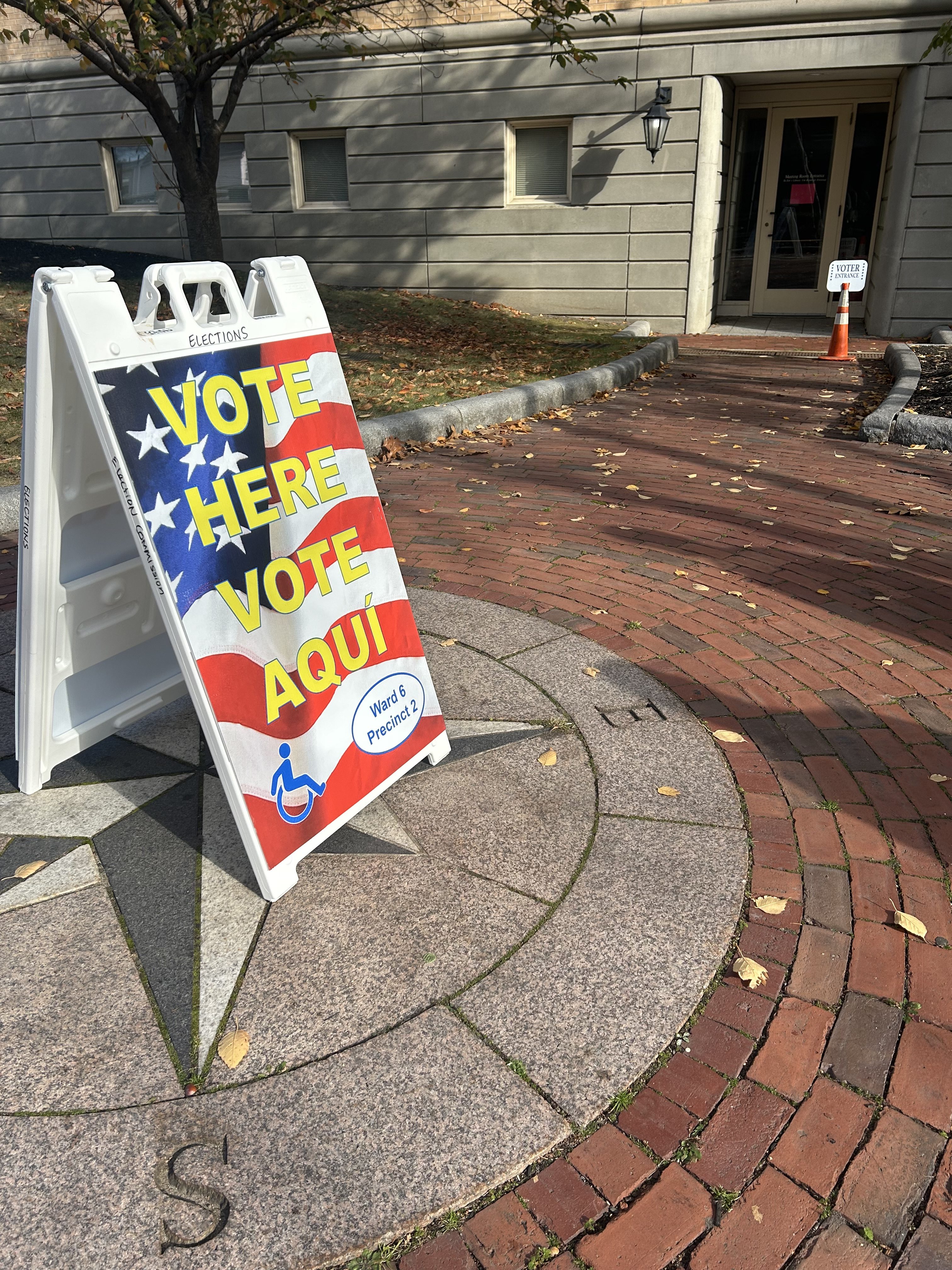 Vote here sign at a polling location in Everett, Massachusetts.